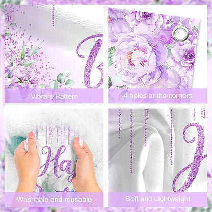 Avezano Happy Birthday Backdrop Banner for Girls Women Happy Birthday Party Decorations Floral Glitters Bday Banner Party Supplies (Purple, 7x5ft)