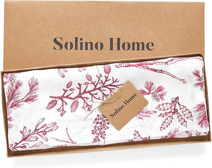 Solino Home 100% Pure Linen Christmas Table Runner 108 Inches Long - Red/White Table Runner 14 x 108 Inch - Handcrafted and Machine Washable - Winter Forest Print