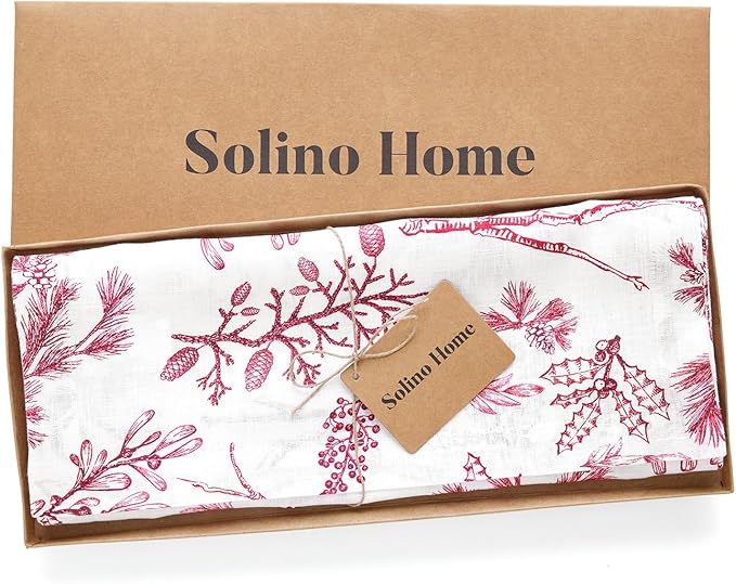 Solino Home 100% Pure Linen Christmas Table Runner 156 Inches Long - Red/White Table Runner 14 x 156 Inch - Handcrafted and Machine Washable - Winter Forest Print
