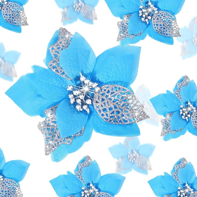 WILLBOND 36 Pieces Christmas Poinsettia Glitter Faux Flowers Christmas Artificial Flowers Tree Ornaments Topper Xmas Decorations(Lake Blue)