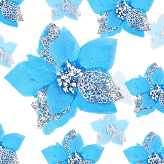 Boao 24 Pieces Christmas Artificial Glitter Poinsettia Flowers Xmas Flowers Wedding Christmas Tree New Year Ornaments(Lake Blue)