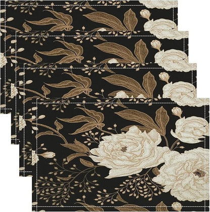 Black Gold Floral Placemats Set of 4, 17x12 Inch Abstract Vintage Rustic Flower Botanical Aesthetic Art Print Table Mats for Home Party Kitchen Dining Decor