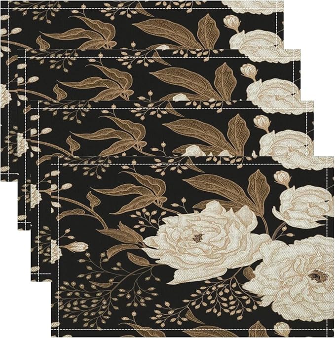 Black Gold Floral Placemats Set of 6, 17x12 Inch Abstract Vintage Rustic Flower Botanical Aesthetic Art Print Table Mats for Home Party Kitchen Dining Decor