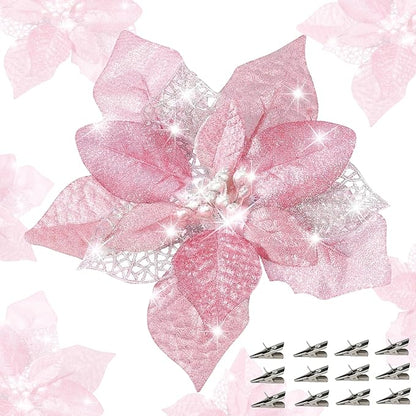 24 Pcs Christmas Poinsettia Flowers Artificial with Clips, 5.9" Christmas Decor Glitter Poinsettia Flowers for Christmas Tree New Year Wedding Party Wreath DIY Garland Decor (Pink)