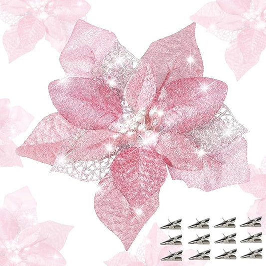 24 Pcs Christmas Poinsettia Flowers Artificial with Clips, 5.9" Christmas Decor Glitter Poinsettia Flowers for Christmas Tree New Year Wedding Party Wreath DIY Garland Decor (Pink)