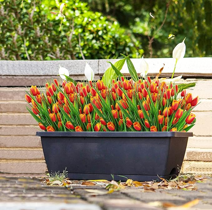 8 Bundles Outdoor Artificial Tulips Fake Flowers UV Resistant Faux Plastic Greenery Shrubs Plants for Home Outside Garden Porch Window Farmhouse Decor (Orange)