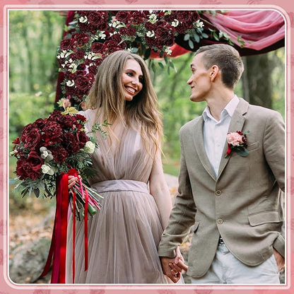 6 Pcs Artificial Peony Silk Florals Fake Mix Silk Peony Rose Faux Flower Hydrangea Bouquet Elegant Realistic Wedding Floral Centerpiece for Home Party Table Arrangement (Red)