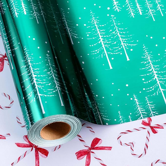 MAYPLUSS Green Christmas Wrapping Paper - 17 Inch X 33 Feet - Reversible Cute Bow Candy Cane Christmas Gift Wrapping Paper, Metallic Foil Thick Gift Wrap Paper for Holiday Party New Year Kids