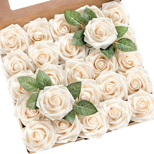 Ling’s Moment Artificial Flowers 25Pcs Glowing Cream Roses Decor w/Stems,3" Real Touch DIY Foam Floral for Wedding Bouquet/Centerpieces, Outdoors Party Backdrop, Room/Table, and Garden/Pot Decorations