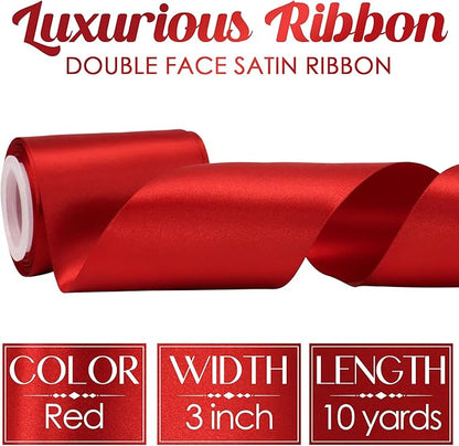 MEEDEE Red Satin Ribbon 3 Inch Wide Ribbon by 10 Yards Lux Double Faced Satin Ribbons Red Christmas Ribbons for Christmas Tree, Weddings, Flower Bouquet, Holiday Decorating