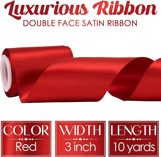 MEEDEE Red Satin Ribbon 3 Inch Wide Ribbon by 10 Yards Lux Double Faced Satin Ribbons Red Christmas Ribbons for Christmas Tree, Weddings, Flower Bouquet, Holiday Decorating