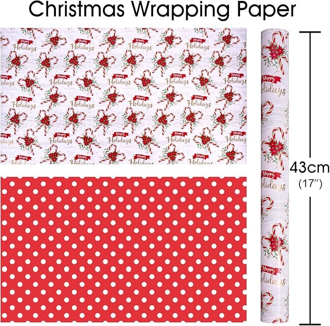 MAYPLUSS Christmas Wrapping Paper Roll - 17 Inch X 33 Feet - Christmas Holly Candy Cane Reversible Polka Dot Gift Wrapping Paper, Thick Wrap Paper for Holiday Party New Year Kids