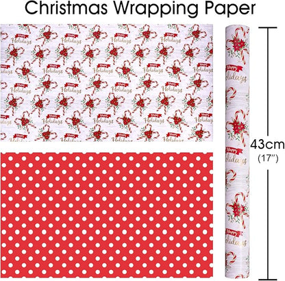 MAYPLUSS Christmas Wrapping Paper Roll - 17 Inch X 33 Feet - Christmas Holly Candy Cane Reversible Polka Dot Gift Wrapping Paper, Thick Wrap Paper for Holiday Party New Year Kids