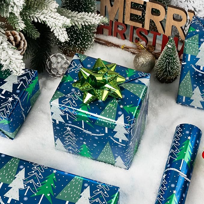 MAYPLUSS Christmas Tree Wrapping Paper Roll - 17 Inch X 33 Feet - Shine Metallic Navy Blue Elegant Christmas Tree Snow Winter Gift Wrap Paper Sheet for Holiday, Hanukkah, Festive Decoration