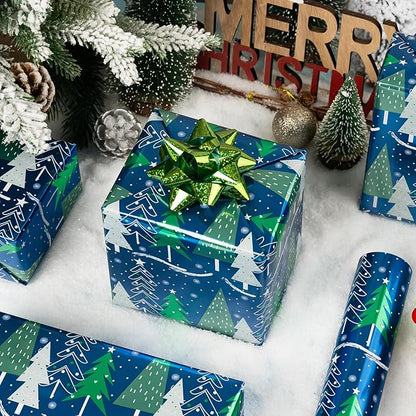 MAYPLUSS Christmas Tree Wrapping Paper Roll - 17 Inch X 33 Feet - Shine Metallic Navy Blue Elegant Christmas Tree Snow Winter Gift Wrap Paper Sheet for Holiday, Hanukkah, Festive Decoration