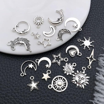WOCRAFT 60pcs Antique Silver Sun Moon Star Bracelet Charms for Jewelry Making Sets DIY Necklace Bracelet Keychain Crafting Charms Kit Craft Supplies (SN833)