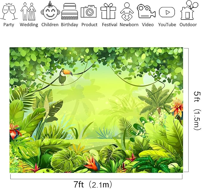 Riyidecor Jungle Safari Backdrop Fabric Polyester Green Animation Kids Rainforest Cartoon Photography Background 7Wx5H Feet Animal Decoration Celebration Props Party Photo Shoot Baby Shower Table