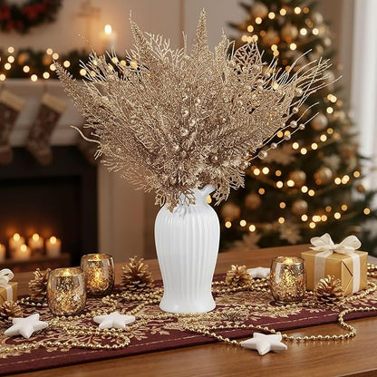 30 Pcs Artificial Christmas Tree Picks and Sprays Glitter Berry Stem Branches Holly Floral Picks Twigs Christmas Tree Ornaments for DIY Xmas Wreath Vase Filler Decorations(Champagne)