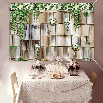 6x4ft Book Photo Backdrops Books Pages Green Leaves White Flowers Background Wedding Birthday Party Princess Photo Studio Props KUHBDJ165