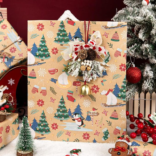 MAYPLUSS Christmas Wrapping Paper Roll - 17IN X 33FT - Kraft Gift Wrapping Paper Featuring Cute Polar Bear Penguin Christmas Tree Holly Reversible Cut Lines for Kids, Holiday, New Year