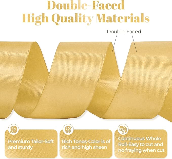 Light Gold Satin Ribbon, Double Faced 1-1/2 Inch X 25 Yards Light Gold Ribbon, Premium Satin Ribbons for Gift Wrapping, Crafts, Hair Bow Making, Sewing, Flower Bouquet, Wedding Party Decor