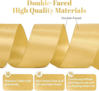 Light Gold Satin Ribbon, Double Faced 1-1/2 Inch X 25 Yards Light Gold Ribbon, Premium Satin Ribbons for Gift Wrapping, Crafts, Hair Bow Making, Sewing, Flower Bouquet, Wedding Party Decor