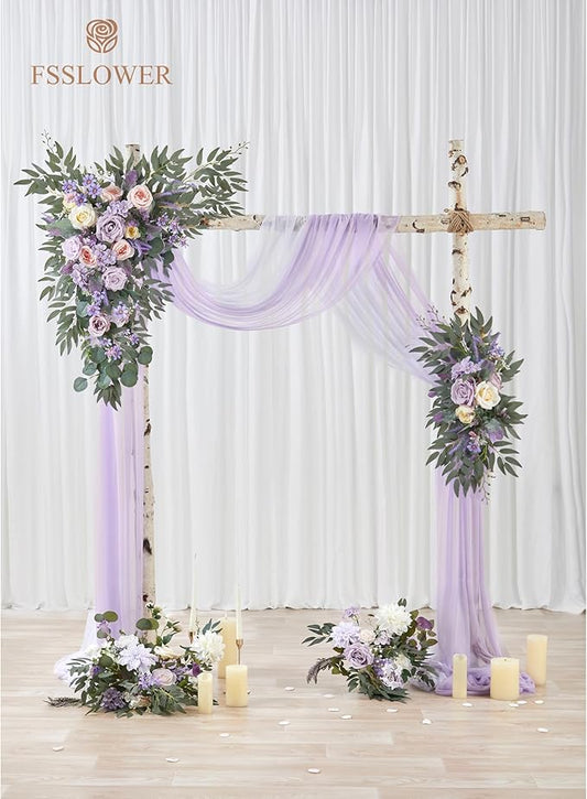Wedding Arch Flowers with Drapes Kit (Pack of 4) - 2pcs Artificial Lilac Deluxe Swag with 2pcs Sheer Drapes for Wedding Ceremony Backdrop Rose Floral Decoration Arbor Reception