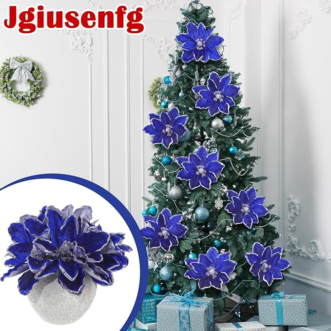 8 Pcs Large Christmas Flower Magnolia Flowers Christmas Tree Decoration Artificial Poinsettia Stems Velvet Xmas Ornaments for Xmas Tree Table Decor(Blue,12 Inch)