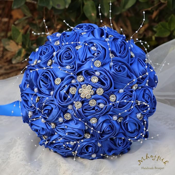 Bridal Wedding Bouquet Round Bling Brooch Bouquet Throw Toss Artificial Rose Flower Bunch for Bride Bridesmaid Wedding Quinceanera(Royal Blue, 7.5")