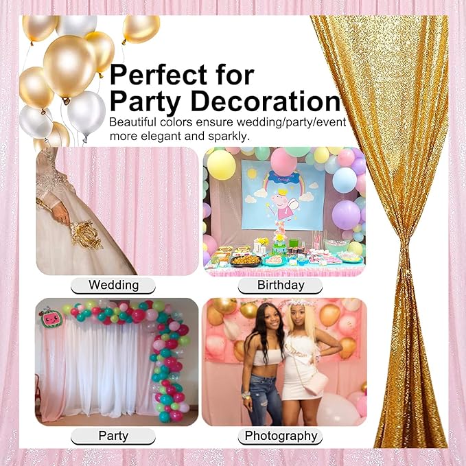 Pink Sequin Curtains 2FTx8FT 2 Panels Pink Sequin Backdrop Curtain for Parties Glitter Backdrop Photo Background for Wedding Baby Shower
