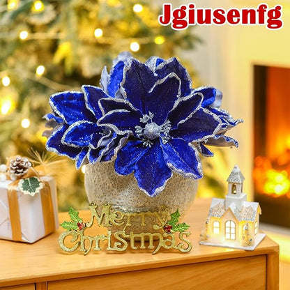 8 Pcs Large Christmas Flower Magnolia Flowers Christmas Tree Decoration Artificial Poinsettia Stems Velvet Xmas Ornaments for Xmas Tree Table Decor(Blue,12 Inch)