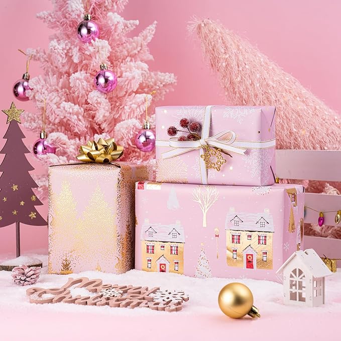 WRAPAHOLIC Christmas Wrapping Paper Roll - Mini Roll - 3 Rolls - 17 Inch X 120 Inch Per Roll - Pink and Gold House, Christmas tree, Snowflake Holiday Collection with Metallic Foil Shine