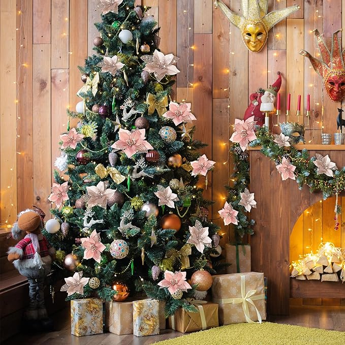 WILLBOND 36 Pieces Christmas Poinsettia Glitter Faux Flowers Christmas Artificial Flowers Tree Ornaments Topper Xmas Decorations(Champagne Gold, Rose Gold)