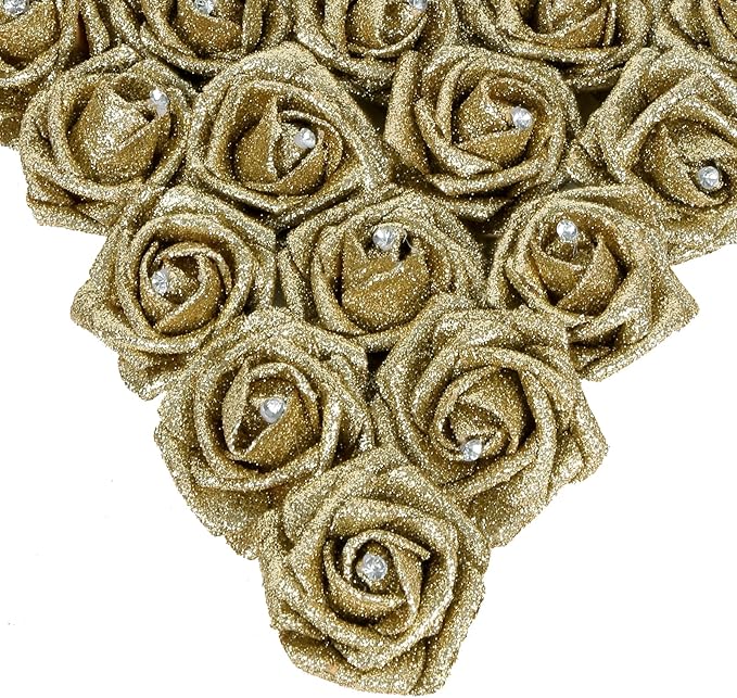 IPOPU Gold Roses,25PCS Glitter Roses Bouquet Gold Artificial Roses with Crystal for Christmas Wedding Bouquet Home Party Decoration(Gold)