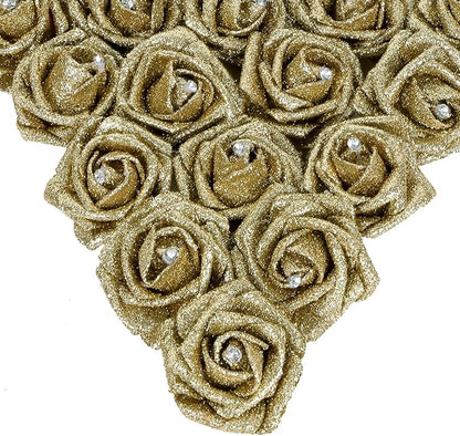 IPOPU Gold Roses,25PCS Glitter Roses Bouquet Gold Artificial Roses with Crystal for Christmas Wedding Bouquet Home Party Decoration(Gold)
