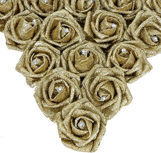 IPOPU Gold Roses,25PCS Glitter Roses Bouquet Gold Artificial Roses with Crystal for Christmas Wedding Bouquet Home Party Decoration(Gold)