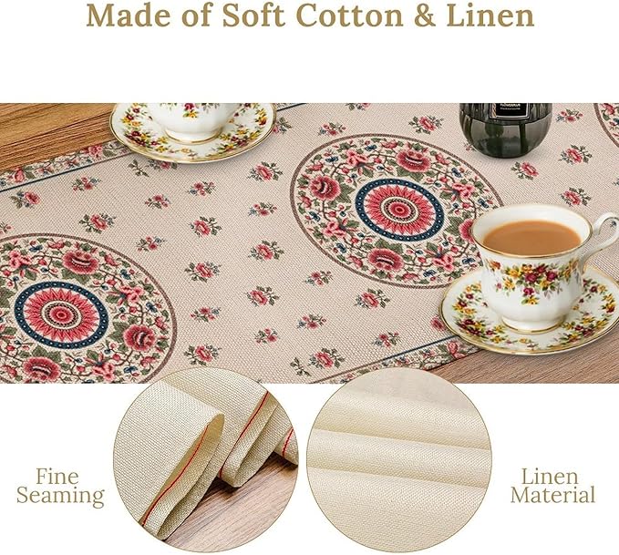 Bohemian Floral Table Runner, Vintage Ethnic Mandala Pink Flowers Boho Design Table Runner for Kitchen Dining Party Wedding, 13x120 Inch