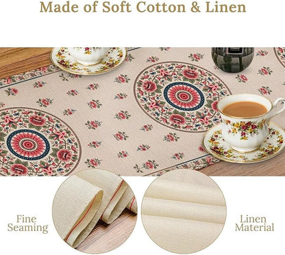 Bohemian Floral Table Runner, Vintage Ethnic Mandala Pink Flowers Boho Design Table Runner for Kitchen Dining Party Wedding, 13x90 Inch