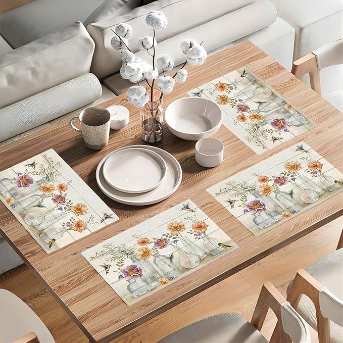 Floral Placemats Set of 4 Flower Hummingbird Table Mats Washable Place Mats for Home Party Indoor Kitchen Dining Table Decoration 12x18 Inch