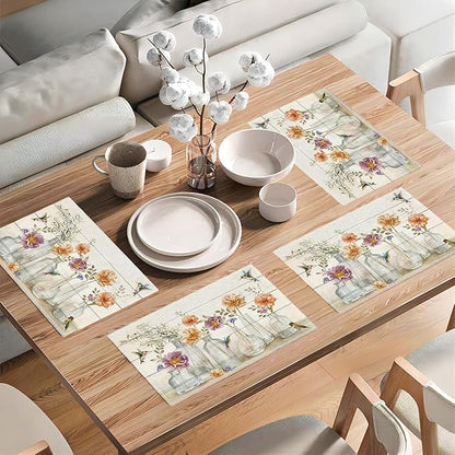 Floral Placemats Set of 4 Flower Hummingbird Table Mats Washable Place Mats for Home Party Indoor Kitchen Dining Table Decoration 12x18 Inch