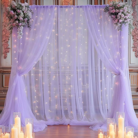 20x10ft Purple Tulle Backdrop Curtain with Lights String for Parites, Sheer Backdrop Curtains for Wedding Baby Shower Birthday Party Photo Shoot Decorations