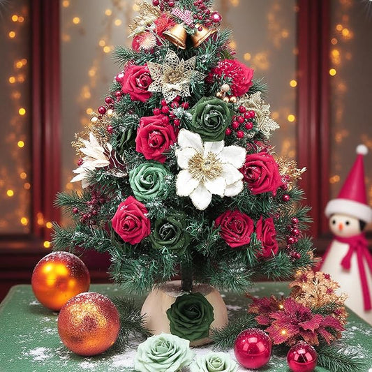 Jspupifip Christmas Artificial Flowers Combo Box Gold, Red, Green Fake Silk Roses Mix Dahlia Poinsettias for DIY Wedding Bridal Shower Boho Cake Decorations Floral Arrangements Centerpieces