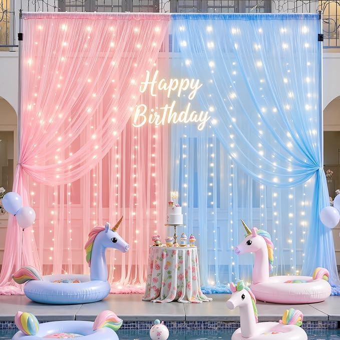 10ft x 10ft Pink Blue Tulle Photo Backdrop Curtain with Lights String for Gender Reveal Sheer Curtain Back Drop Baby Shower Backdrop for Boy or Girls Birthday Party Photo Booth Background Decorations