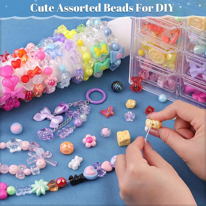 Assorted Acrylic Beads, 390-450PCS 9 Mixed Colors Cute Beads for Bracelet Making, GummyBear Bow Flower Kawaii Charms for Jewelry Making DIY Necklace Keychain Phone Charm Christmas Gift