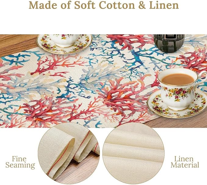 Blue Beach Table Runner, Tropical Ocean Coast Table Runner, Seashell Seasonal Nautical Restaurant Coffee Table Decorations for Home Holiday Party Indoor Outdoor 13x120 Inch