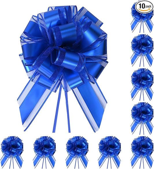 10-Pack Royal Blue Pull Bows for Gift Wrapping - 6 Inch Reusable Ribbon Bows, Large Instant Floral Decor Bows for Wedding, Christmas, Birthday Decor, Gift Basket & Party Decorations