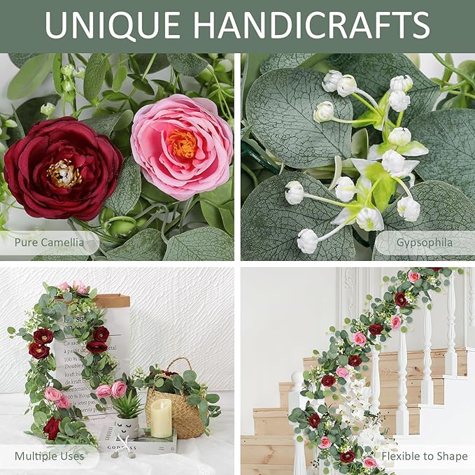 TOCHGREEN 4 Pack Artificial Eucalyptus Flower Garland with Red and Pink Roses, Fake Rose Flower Greenery Garland Floral Vines for Wedding Home Party Table Runner Decor (Red Pink, 4PCS)
