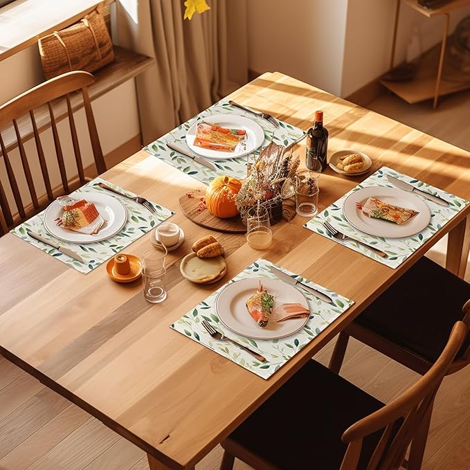 Placemats-Colorful Spring Leaves Linen Table Place Mats Set of 4 Non-Slip Heat Resistant Table Mats for Dining Kitchen Cabin Decor 12x18 Inch