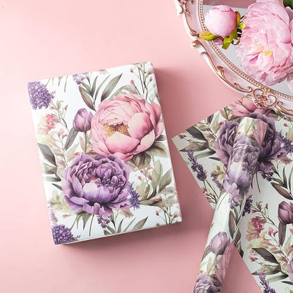WRAPAHOLIC Floral Wrapping Paper Roll - Mini Roll - 17 Inch x 9.8 Feet - Purple Flower Wrapping Paper, Perfect for Girls Women Birthday, Wedding, Bridal Shower