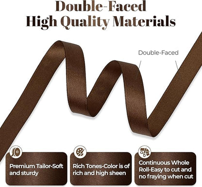 Brown Satin Ribbon, Double Faced 3/8 Inch X 25 Yards Brown Ribbon, Premium Satin Ribbon for Gift Wrapping, Crafts, Hair Bow Making, Sewing, Flower Bouquet, Wedding Party Decor